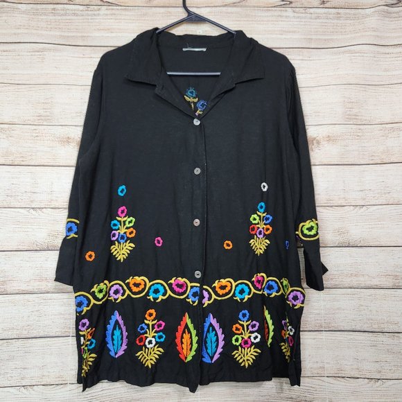 Linea by Louis Dell'Olio Embroidered Bohemian Womens Button Front Black Top L - Picture 1 of 15